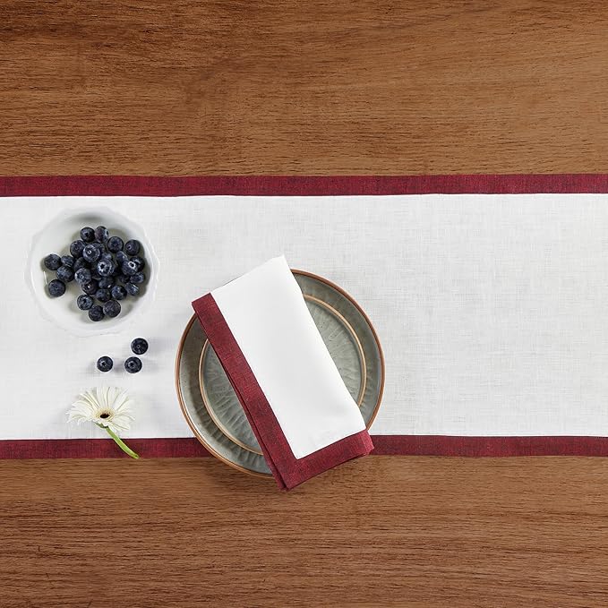Solino Home Linen Table Runner 48 Inches - 100% Pure Linen Red Garnet and White Small Table Runner 14 x 48 Inch Ideal for Dresser and Coffee Tables - Christmas, New Year, Winter - Classic