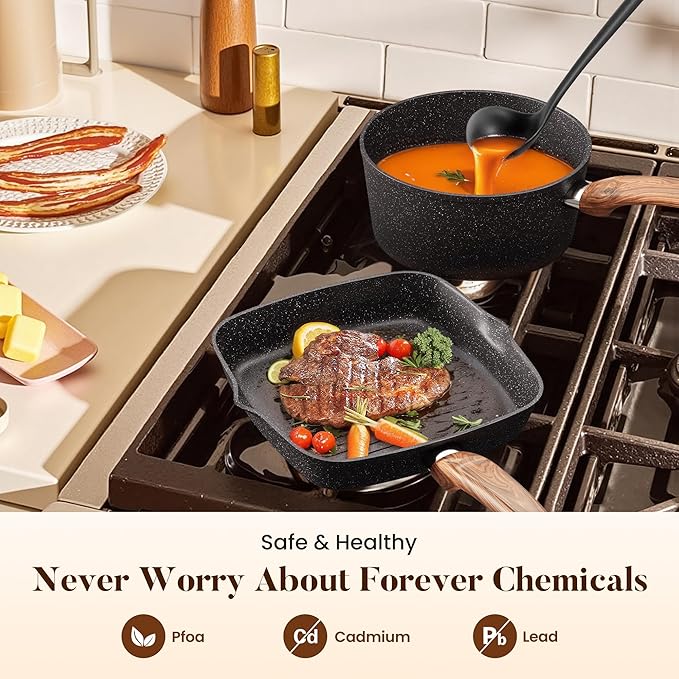 Kitchen Academy 17Pcs Pots and Pans Set Non Stick, Nonstick Kitchen Cookware Sets, Black Granite Induction Cookware, Non-toxic Healthy Nonstick Cooking Pans Set