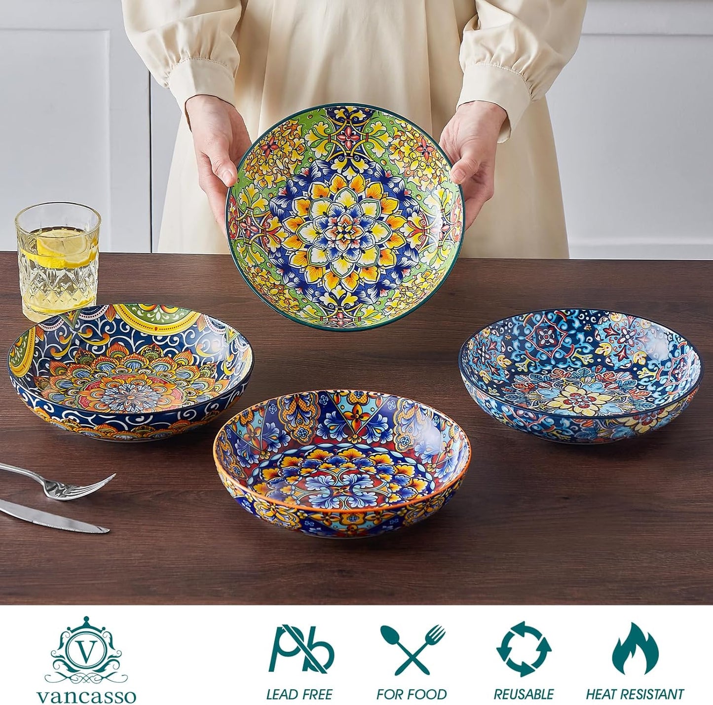 vancasso Pasta Bowls, 42 oz Ceramic Salad Bowls of 4,Large Corlorful Serving Bowls for Kitchen, Dishwasher & Microwave Safe Soup Bowls, Pasta Plates