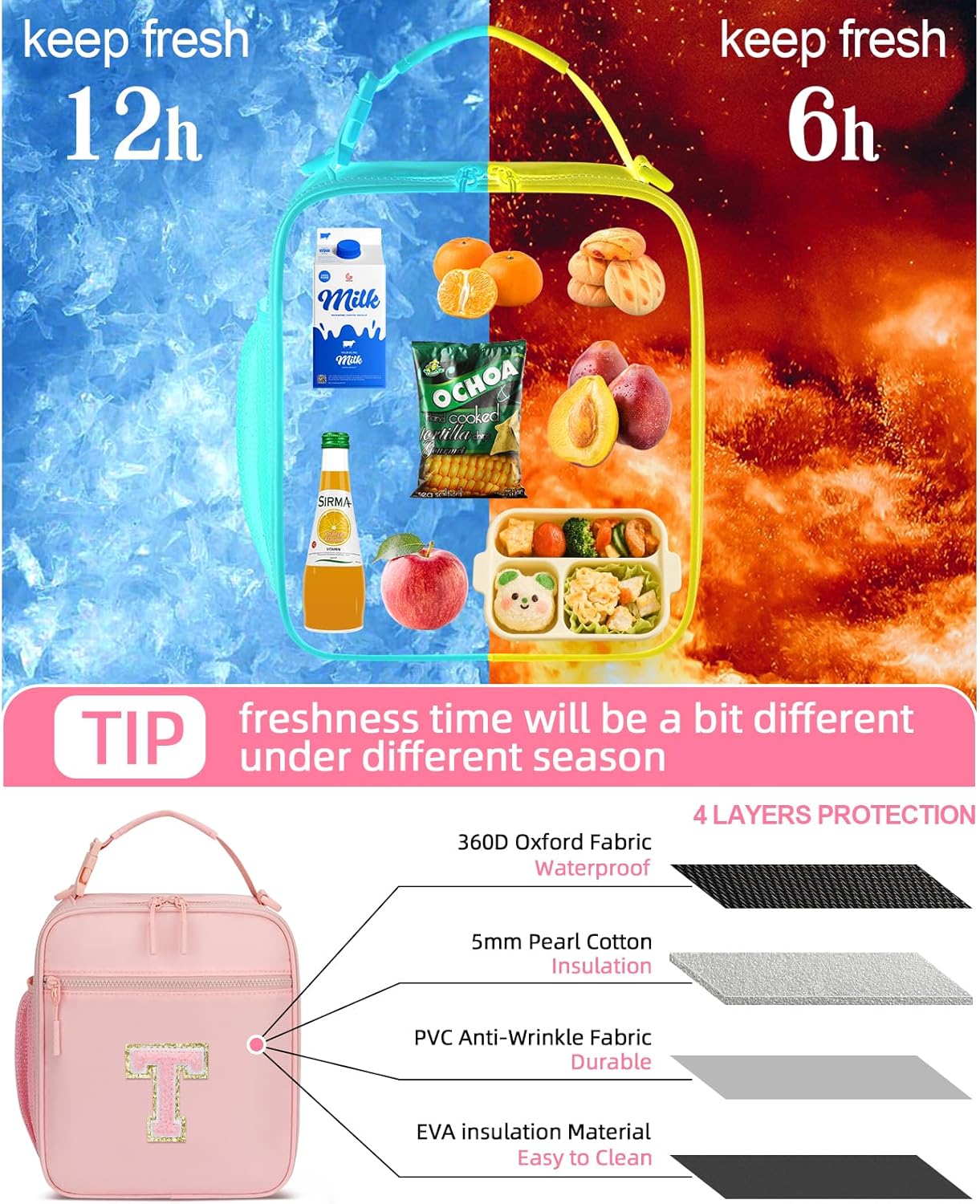Initial Insulated Lunch Bag for Girls Kids, Back to School Gift, Reusable Leak-proof Lunch Box with Adjustable Strap for School Daycare Travel Picnic (Pink,T)