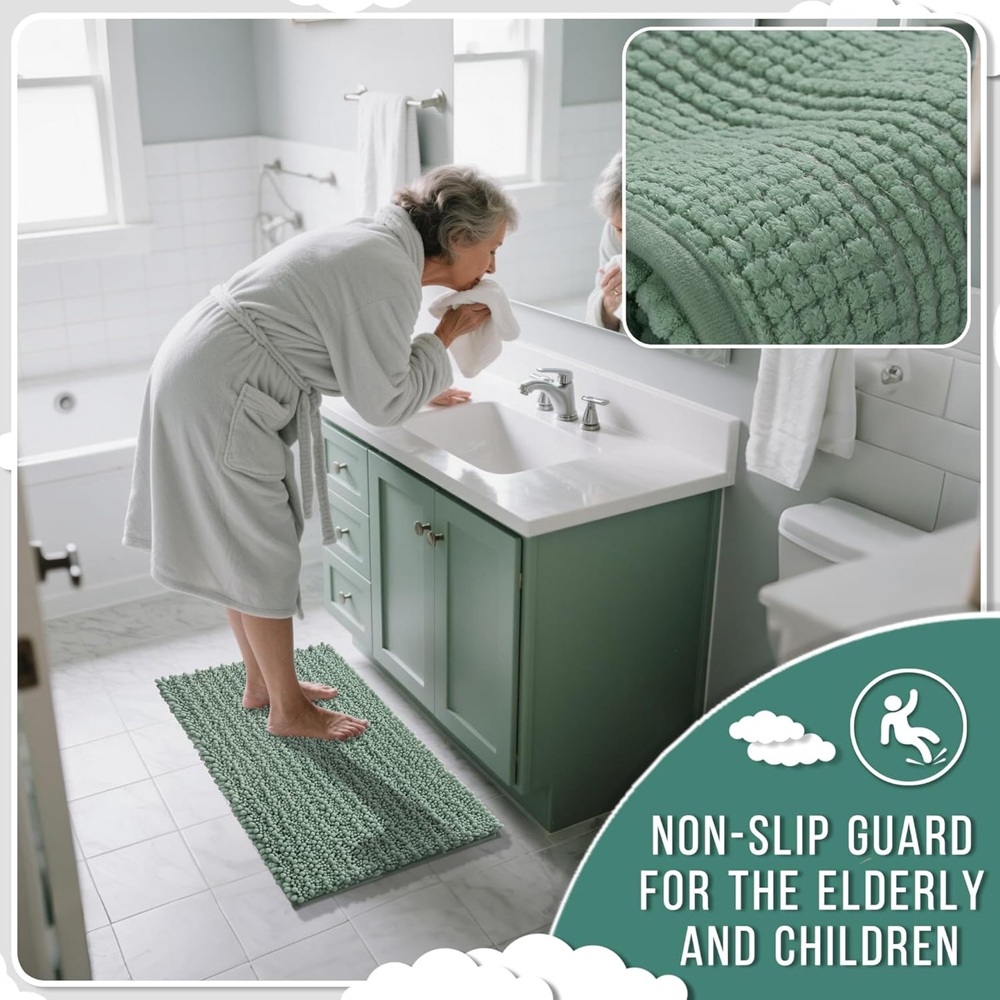Yimobra Large Bathroom Rugs Non Slip Washable 36x24 Inch - Ultra Soft Absorbent Chenille Bath Mat, Quick Dry Shaggy Floor Carpet for Tub Shower, Green Home Decor Accessories