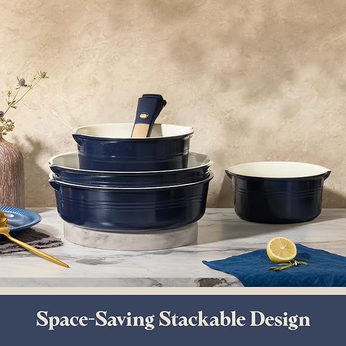 CAROTE 22Pcs Titanium Cookware Set, Pots and Pans Set Non Stick, Kitchen Cooking Set with Detachable Handle, Non Toxic Induction Cookware, Dishwasher/Oven Safe，Blue