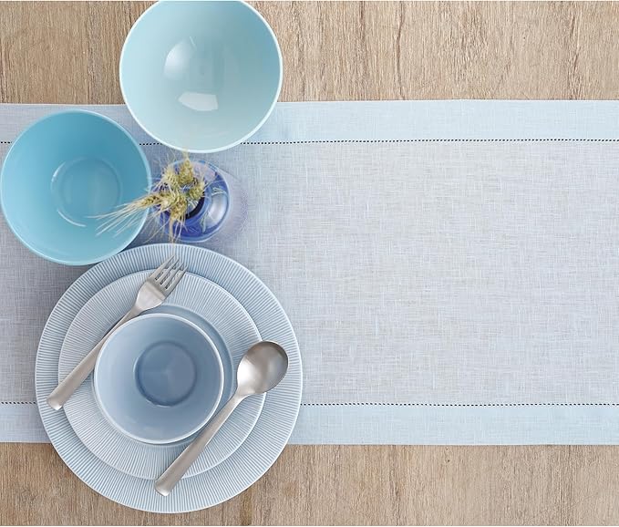 Solino Home Linen Light Blue Table Runner 36 Inches - Classic Hemstitch, 100% Pure Linen Coffee Table Runner 14 x 36 Inch Ideal for Dresser Tables, Christmas, New Year
