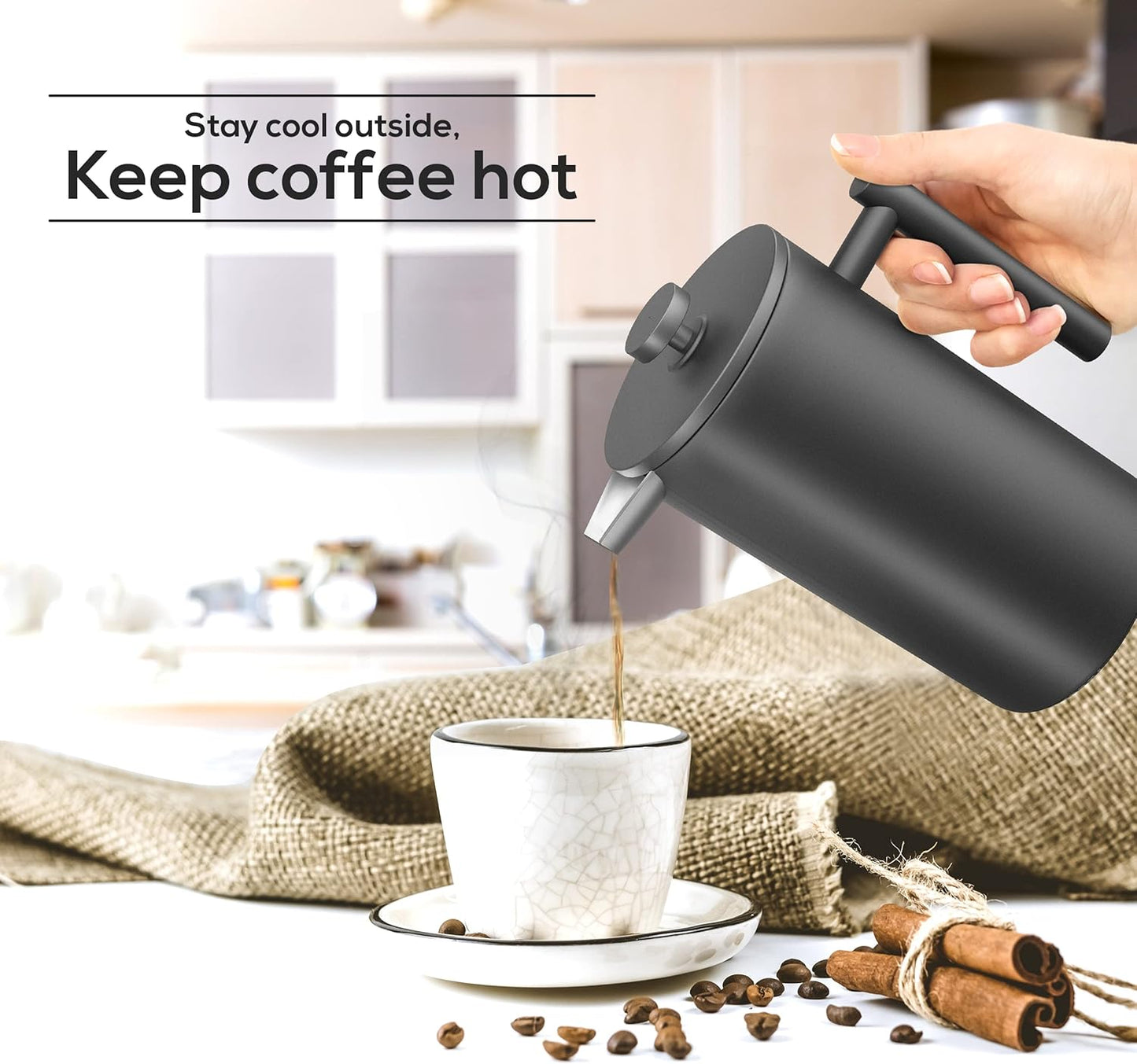 Utopia Kitchen French Press Coffee Maker, Double Wall Insulated Stainless Steel Coffee Press with 4-Level Filtration system, Includes 2 Extra Filters, Rust-Free, Dishwasher Safe (Black, 17 Ounce)