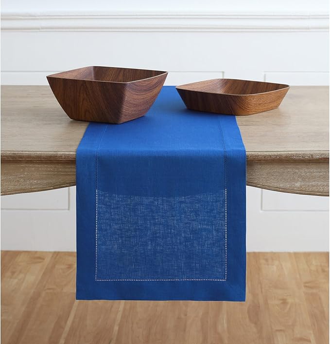 Solino Home Linen Royal Blue Table Runner 90 Inches Long - 100% Pure Linen 14 x 90 Inch Table Runner for Christmas, New Year - Classic Hemstitch