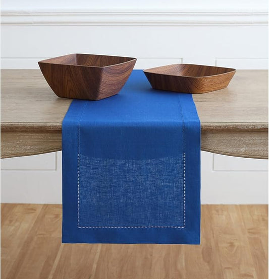 Solino Home Linen Royal Blue Table Runner 36 Inches - Classic Hemstitch, 100% Pure Linen Coffee Table Runner 14 x 36 Inch Ideal for Dresser Tables, Christmas, New Year