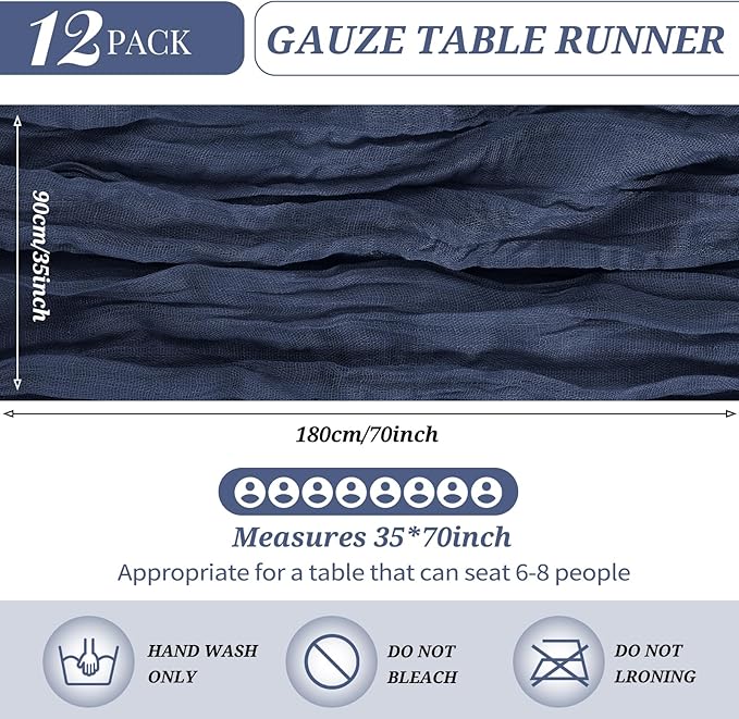 12 Pack Cheesecloth Table Runner 35 x 70 inch Long Boho Cheese Cloth Gauze Table Runners Semi Sheer Table Runner for Wedding Decor, Bridal Shower, Birthday Party (Navy Blue)