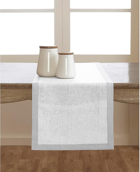 Solino Home Linen Table Runner 36 Inches - 100% Pure Linen Soft Grey and White Table Runner 14 x 36 Inch Ideal for Dresser and Coffee Tables - Christmas, Holiday, New Year - Classic