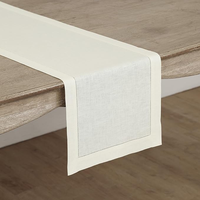 Solino Home Linen Ivory Table Runner 36 Inches - Classic Hemstitch, 100% Pure Linen Coffee Table Runner 14 x 36 Inch Ideal for Dresser Tables - Christmas, Holiday, New Year