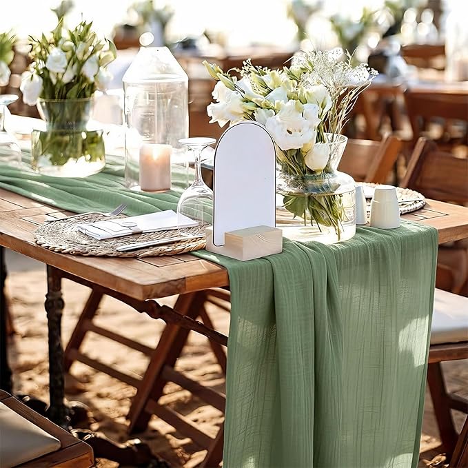 Sage Green Table Runner, 120 Inch 10 FT Boho Rustic Cheesecloth Gauze, Farmhouse Centerpieces Decor for Wedding Spring Easter Baby Bridal Shower Party Decoration, 1 Pack