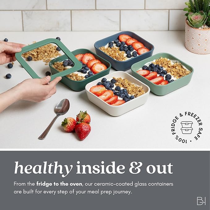 Ceramic Coated Glass Food Storage Container | No PTFE, PFOA, PFAS, and BPA | Reusable Non Toxic Meal Prep Container with Glass Lid | Easy To Store | 3 Cup Rectangle [Crema]