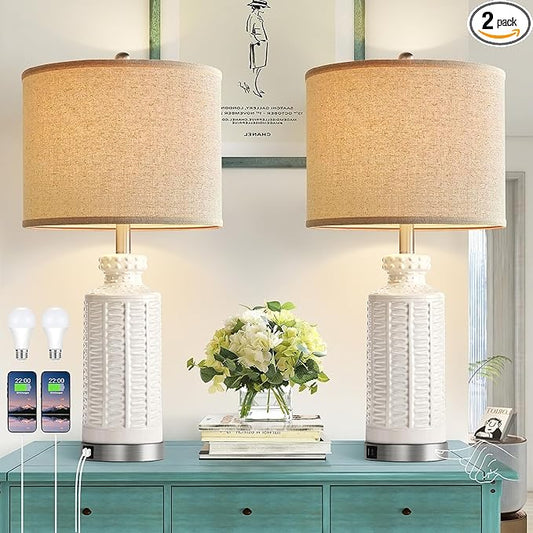 28" White Table Lamps Set of 2, Ceramic Lamps for Living Room with 2 USB Charding Ports, Modern Bedroom Lamps for Nightstand, 2 LED Bulbs Included