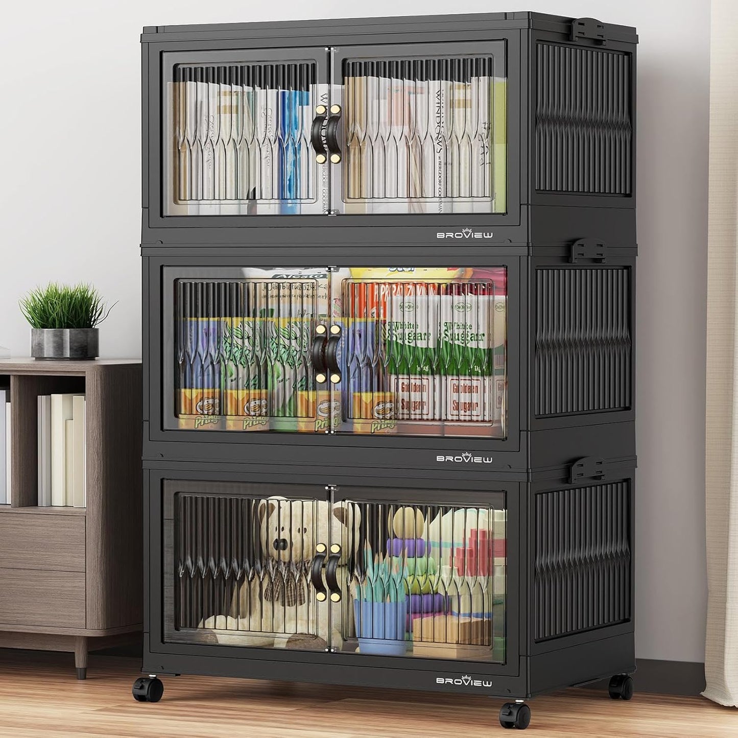 360Qt Stackable Storage Bins with 3 Lids, Extra Large Closet Organizer Collapsible Drawer Boxes with Wheels, Folding Plastic Cabinet Containers for Home Kitchen Room Organization, 3Pack Black