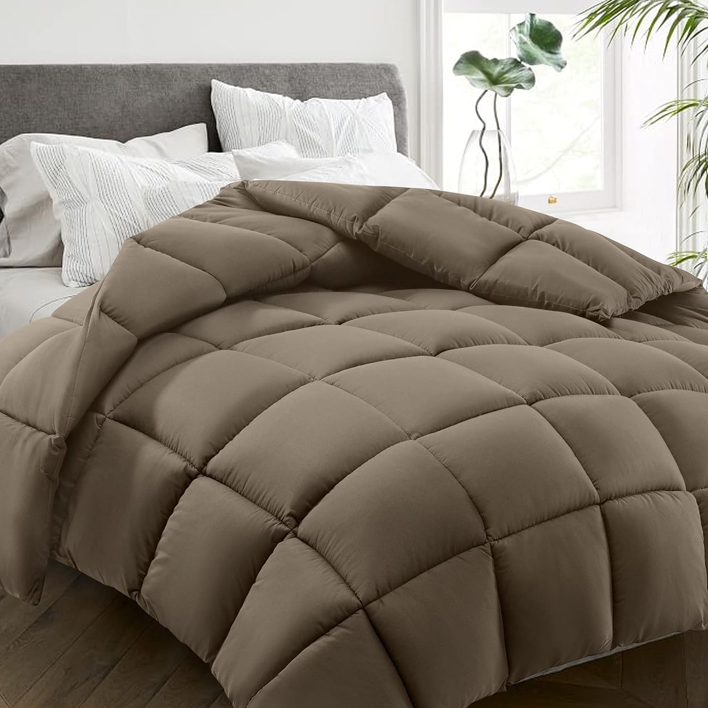 HYLEORY All Season California King Size Bed Comforter - Cooling Down Alternative Quilted Duvet Insert with Corner Tabs - Winter Warm - Machine Washable - Taupe,Cal King(96*104)