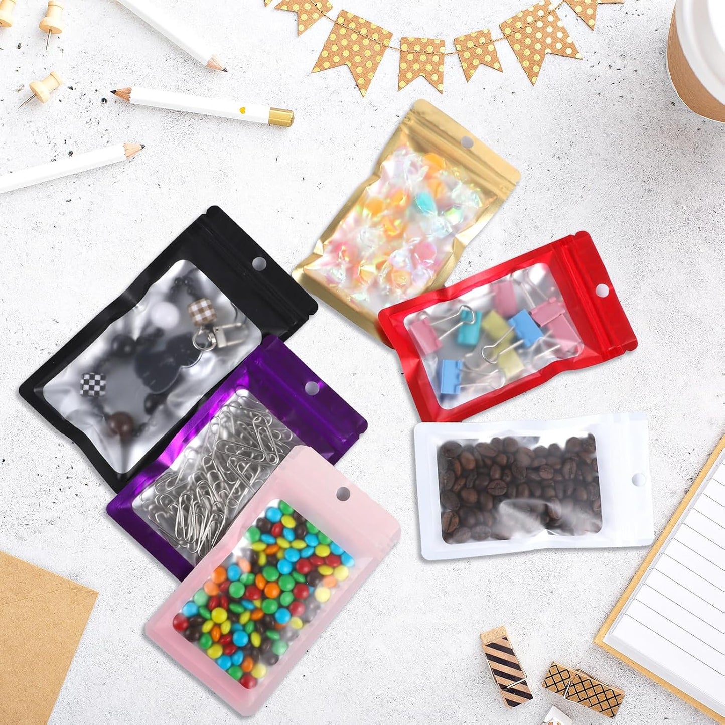 200 Pack Resealable Mylar Holographic Bags Food Storage Smell Proof Bags with Front Window Foil Packaging Pouch for Candy Sample Jewelry Small Business 4.72×7.87 Inch, Red Fade Yellow