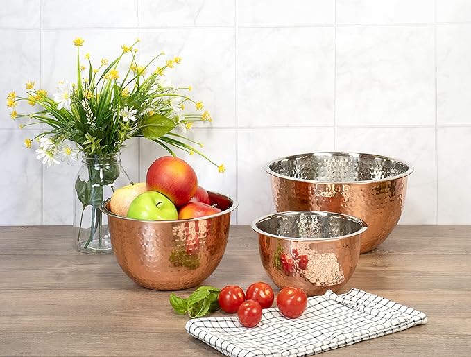 Red Co. Set of 3 Stainless Steel Nesting Mix and Serve Bowls, 5, 3, and 1.5 Qt. - Hammered Copper Finish