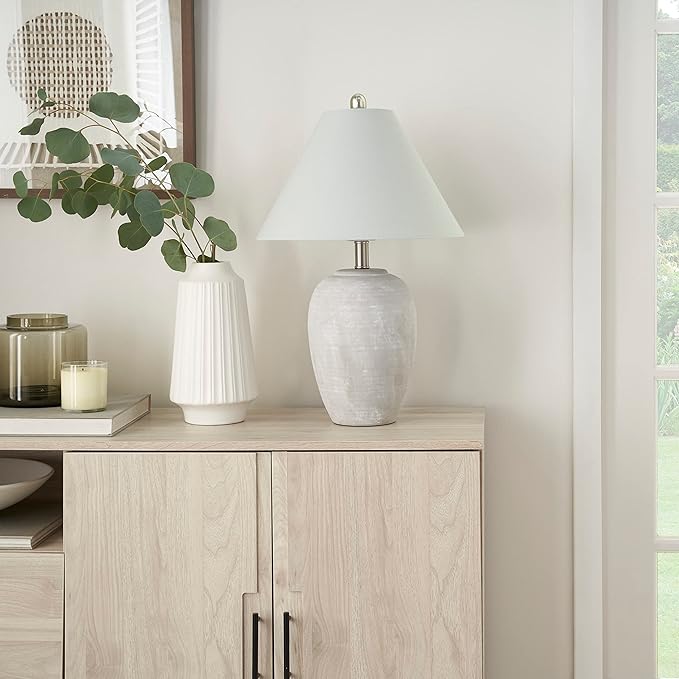Nourison Home 23" Grey Vintage Distressed Ceramic Pot Table Lamp for Bedroom, Living Room, End Table, with Grey Conical Empire Shade