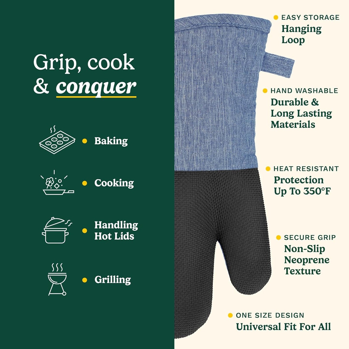 Cuisinart Kitchen Oven Mitts – Heat-Resistant Kitchen Mitts for Oven with Non-Slip Neoprene Palm, Long Cuff, and Cotton Filling – Durable Oven Gloves for Cooking, Baking, & Grilling (Chambray)