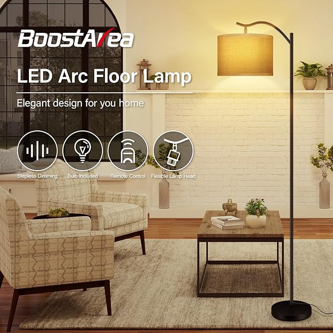 BoostArea Floor Lamp for Living Room,Arc Floor Lamp with Remote Control,Stepless Dimmable Brightness & Colors Temperature 2700k-6500k,Modern Standing Lamp for Bedroom Study Room Office,Jute