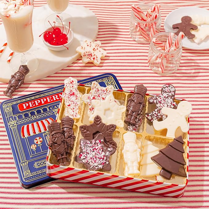 Christmas Peppermint Gift Tin Bark Candy – Fudge Gourmet Holiday Chocolate Gift Basket, Festive Assortment with Nutcrackers, Trees & Gingerbread Shapes – Family, Friends & Coworkers- Bonnie & Pop