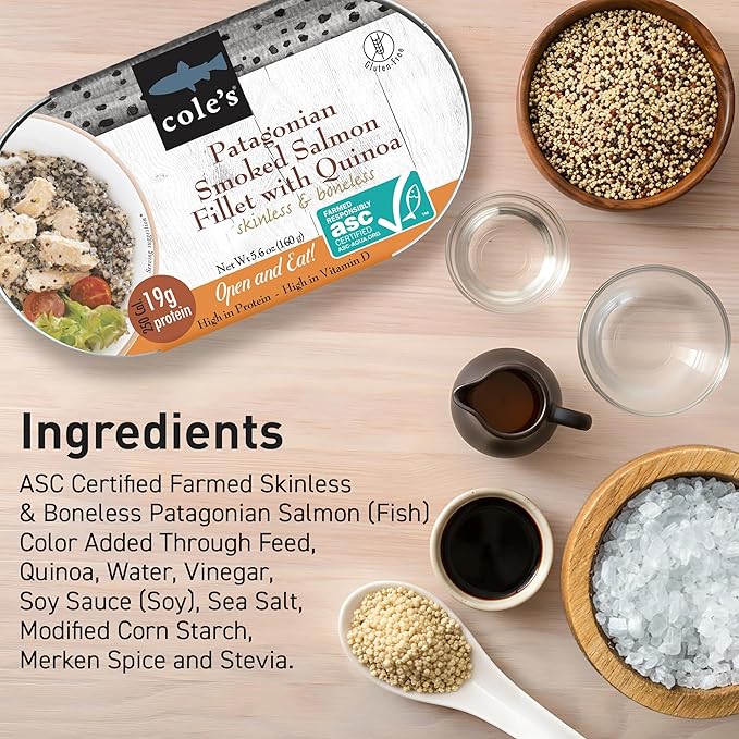COLE’S - Patagonian Smoked Salmon Fillet with Quinoa| Ready to Eat Meal | 5.6 oz Hand-Packed Canned Fish | 19g Protein | High in Vitamin D | 24 pack