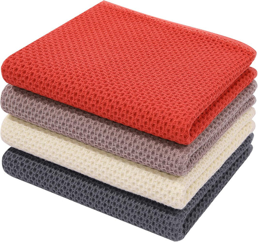 Homaxy 100% Cotton Waffle Weave Kitchen Dish Towels, Ultra Soft Absorbent Quick Drying Cleaning Towel, 13 x 28 Inches, 4-Pack, Multicolor