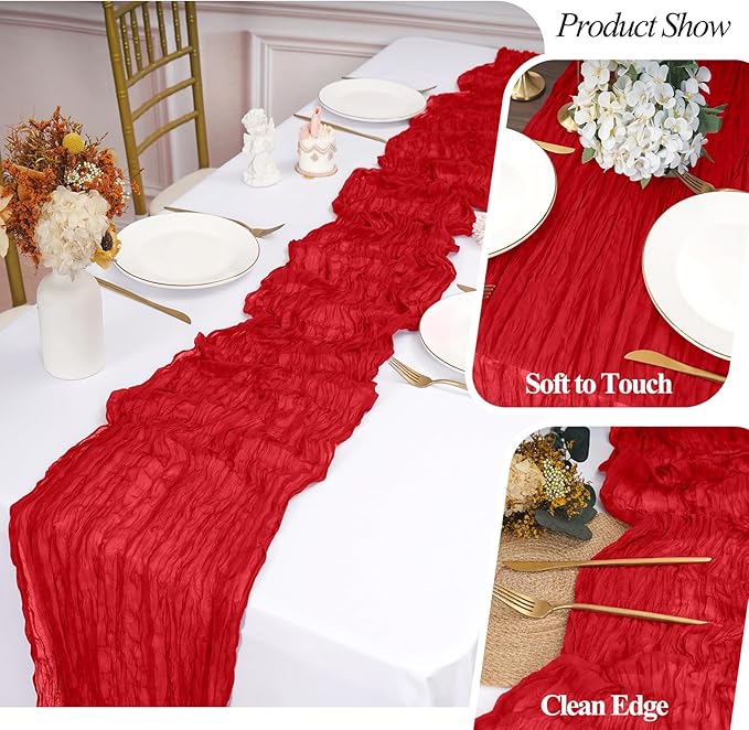 Pesonlook 20 Pack Cheesecloth Table Runner Red, Rustic Boho Gauze Fabric Table Runner Romantic Table Runner for Wedding, Festival, Birthday, Anniversary, Dinner and Outdoor Events (17.7 x 108 inch)