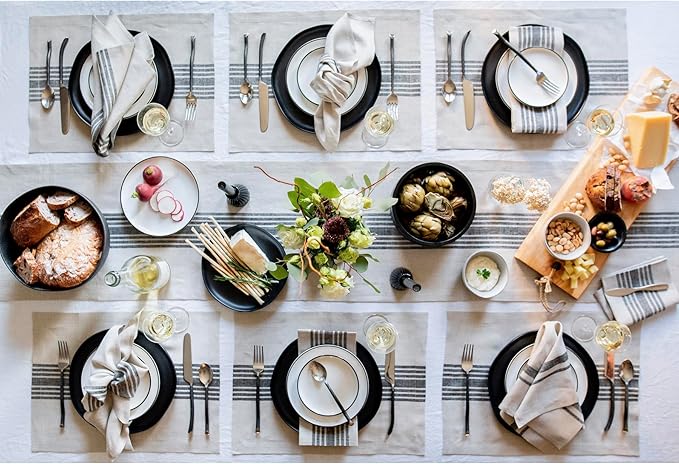 Solino Home Linen Table Runner 108 Inches Long - 100% Pure Linen Black and Natural Farmhouse Table Runner 14 x 108 Inch for Dining