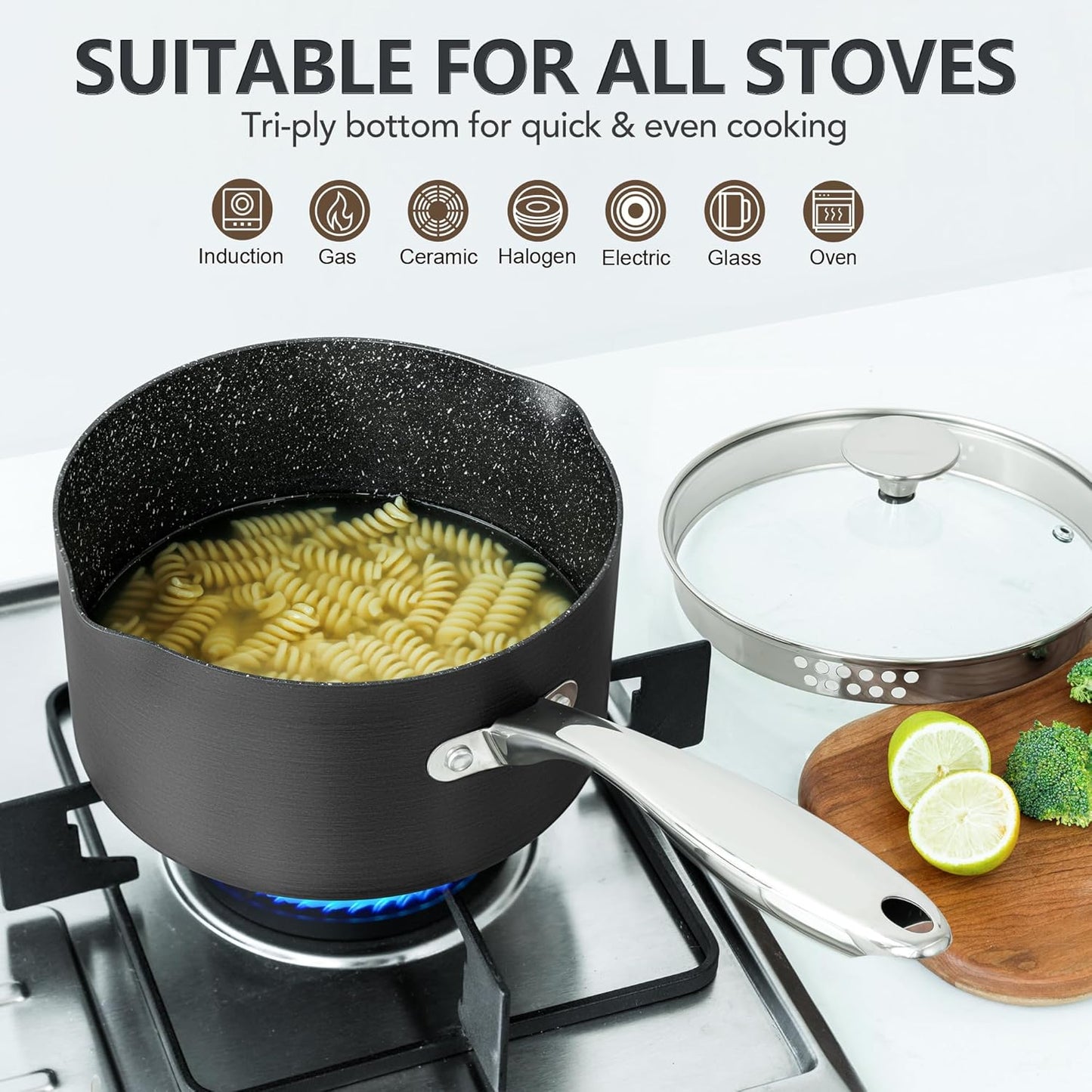 MICHELANGELO Hard Anodized Saucepan Set with Lids, Nonstick Saucepan with Pour Spouts & Strainer Lid for Easy Pour, Granite Derived Coating Sauce Pot Set - 1.5QT & 2QT &3QT Induction Sauce Pans