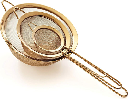 Strainer Set Fine Mesh – Premium 304 Stainless Steel (18/8) – 8″, 5.5″ and 3.3″ Sturdy Kitchen Strainers (Gold)