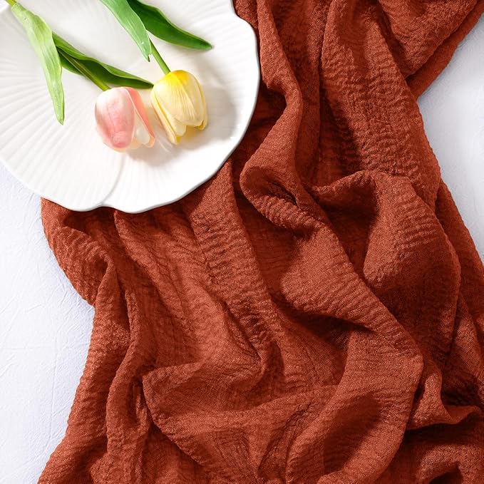 Socomi Terracotta Cheesecloth Table Runner Fall Thanksgiving Gauze 120 Inch Rustic Boho Cheese Cloth Runner for Wedding Party Baby Bridal Shower Centerpiece Decoration Holiday Home Decorations