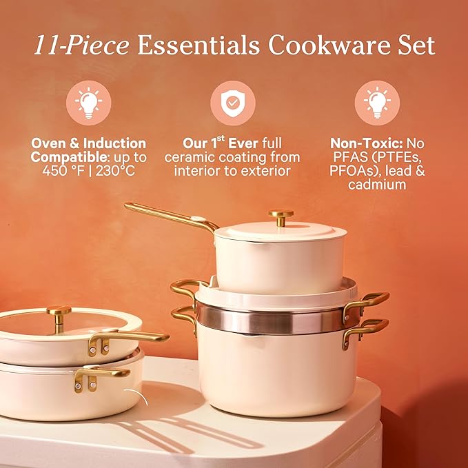 Our Place 11-Piece Essentials Complete Cookware Set - Ceramic Fry Pan, Saucepan, Sauté Pan, Stock Pot, Strainer Basket & Rack Storage | Thermakind™ Nonstick, Oven Safe up to 450°F | Cream