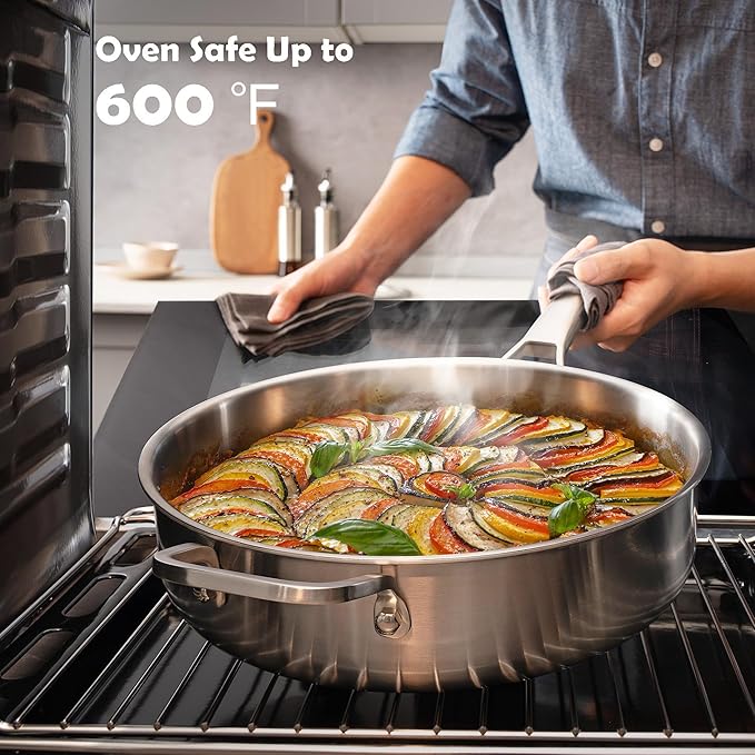 Saute Pan,7 Quart Saute pan,Stainless Steel Cookware,skillet,12.5 inch Stainless Steel Saute Pans with Lid,Dishwasher and Oven Safe, Works on All Cooktops