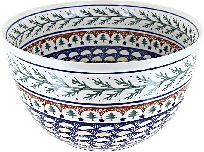 Blue Rose Polish Pottery - Green Evergreen Large Mixing Bowl - 16 Cup Capacity - Polish Pottery Holiday Bowls, Festive Evergreen Christmas Design for Baking, Mixing & Serving