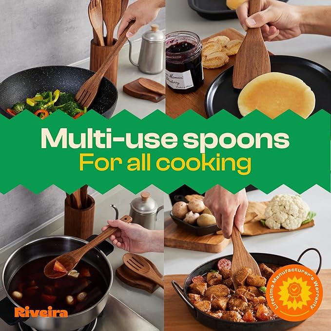 Riveira Teak Wooden Spoons for Cooking Set of 9 – Natural Teak Wooden Cooking Utensils, Wooden Spatula, Wooden Spoon - Premium Quality Utensil Set for Non-Toxic Cooking