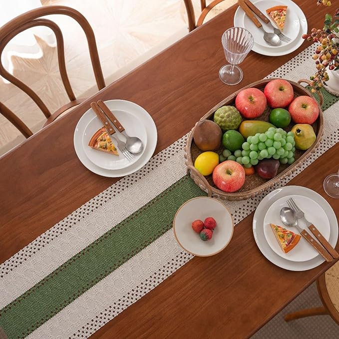 Niviy Dark Green Table Runner 90 Inches Long with Tassels, Seasonal Spring Summer Washable Embroidered Striped Braided Green and Beige Boho Table Runners for Holiday Party 12 x 90 Inches