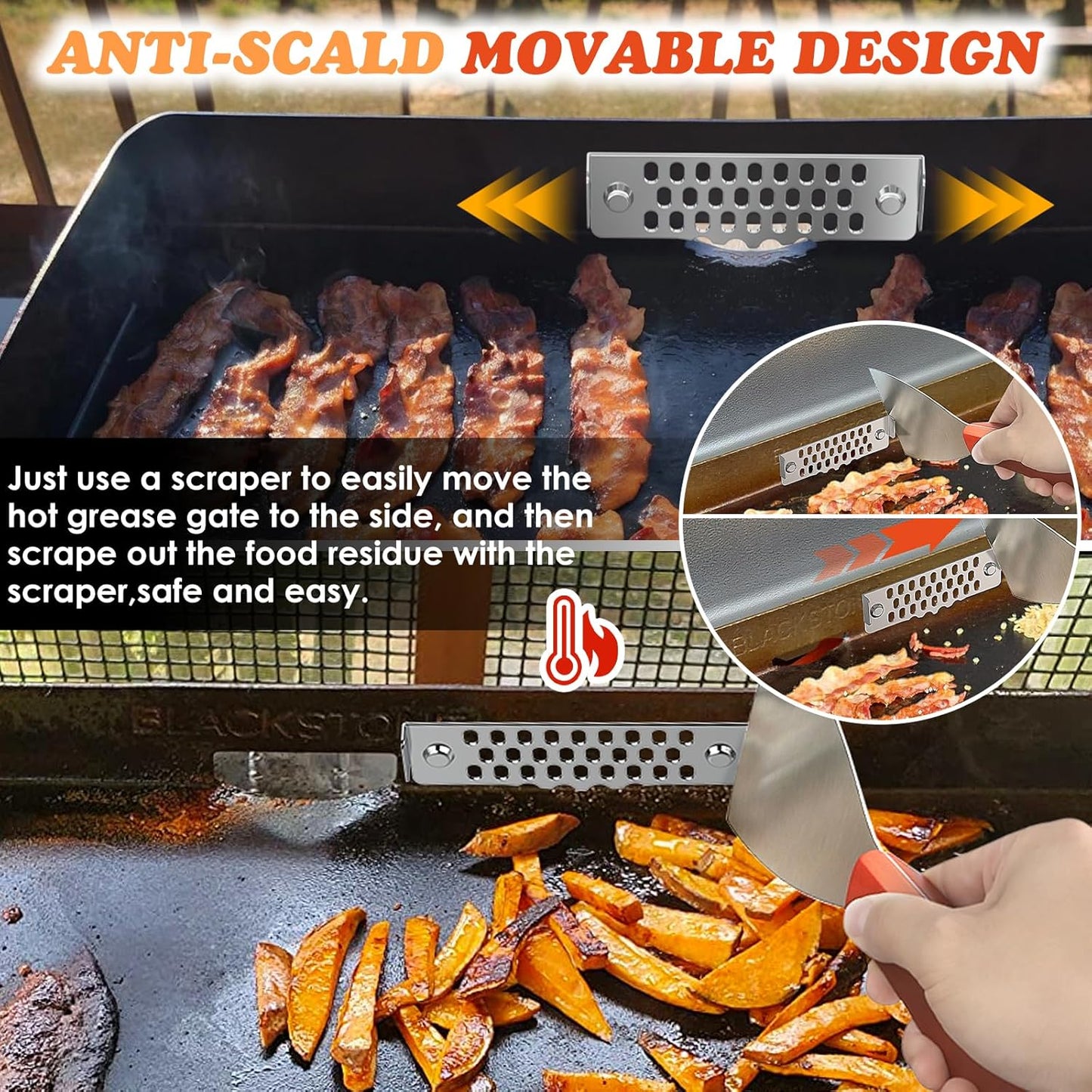 Griddle Accessories of Blackstone Grease Gate Blocker,Grease Gate for Blackstone Griddle,Block Food from Falling into Rear Grease Trap,Movable&Magnetic,Stainless Steel&Heat-Resistant,Rust-Proof(2PCS）