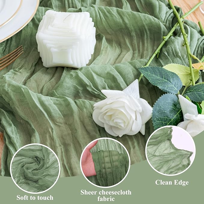 Wokceer Cheesecloth Table Runner 6Pack 10FT Sage Green Boho Gauze Fall Christmas Cheese Cloth Table Runner for Party Long Rustic Sheer Table Runners for Baby Bridal Shower Wedding Easter Table