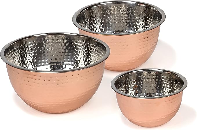 Red Co. Set of 3 Stainless Steel Nesting Mix and Serve Bowls, 5, 3, and 1.5 Qt. - Hammered Copper Finish