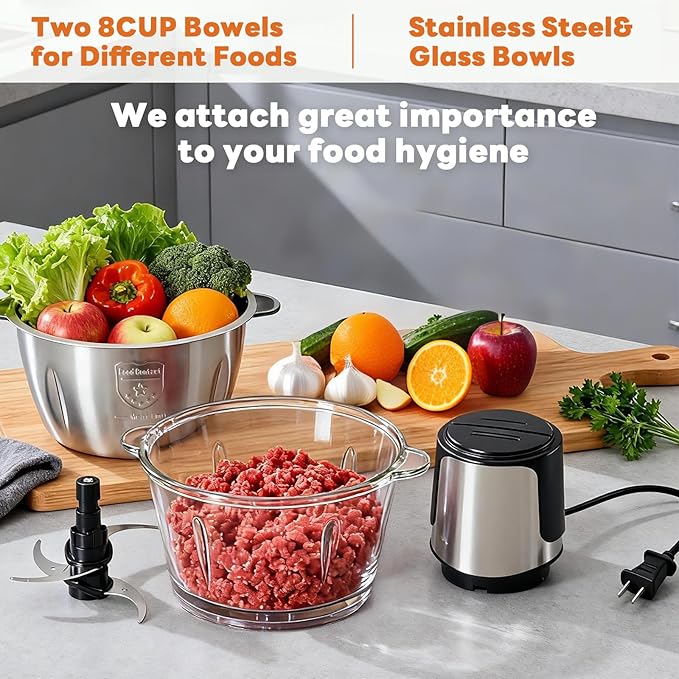 OLIXIS Electric Food Processor, 450W Meat Grinder & Vegetable Chopper with 2 Bowels for Home Use, Food Chopper with Double S-Blades for Vegetable, Onion, Garlic, Meat, Nuts
