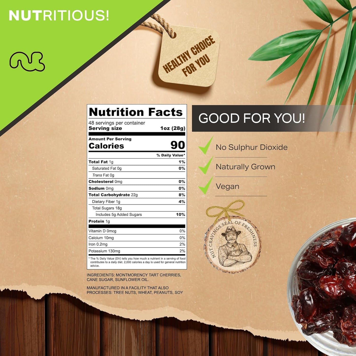NUT CRAVINGS - Sun Dried Sour Tart Cherries, Lightly Sweetened (48oz, 3 LB) Bulk Dry Fruits Packed Fresh in Resealable Bag - Sweet Healthy Snack, Naturally Grown, Vegan, Kosher