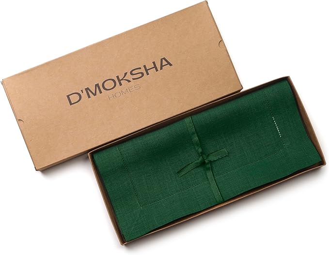 D'Moksha Homes Linen Forest Green Table Runner 120 Inches Long - 100% Pure Linen Hemstitch 14 x 120 Inch Table Runner for Dining, Winter, Christmas, Holiday, New Year - Classic Hemstitch