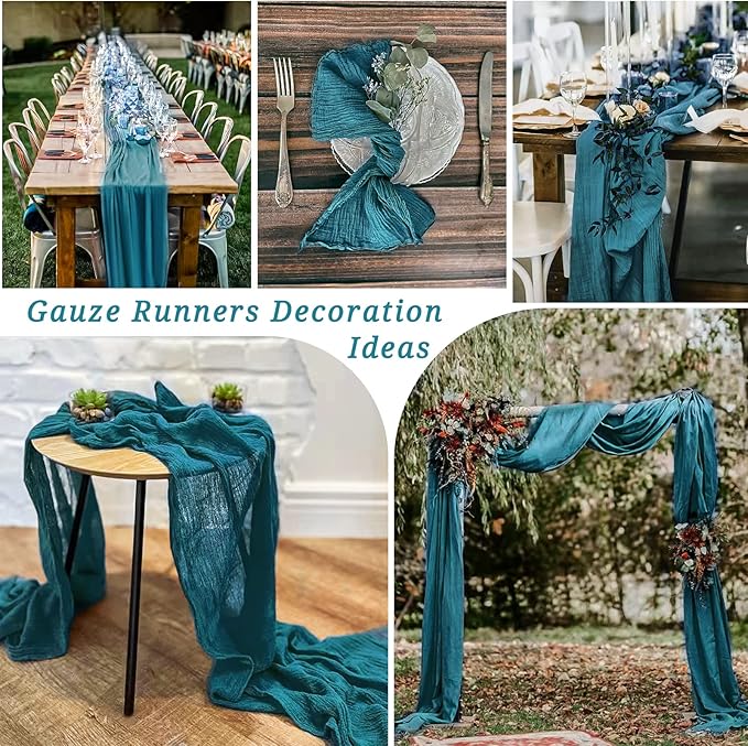 12 Pack 10Ft Teal Cheesecloth Table Runner 35 x 120 inch Boho Gauze Cheese Cloth Table Runner Vintage Rustic Sheer Runners for Wedding Bridal Shower Birthday Party Cake Table Decorations