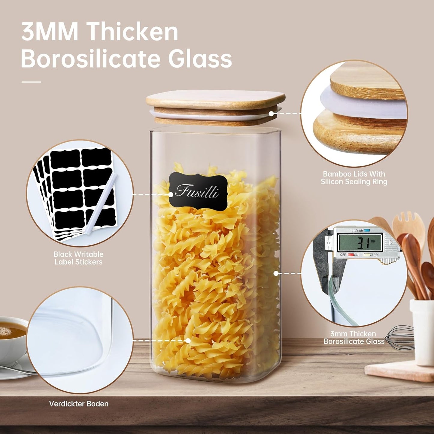 42oz - 4 Pack Square Glass Jars with Bamboo Lids, Glass Food Storage Containers with Airtight Lids for Kitchen, Air Tight Pantry Storage Containers for Cereal, Pasta, Rice, Sugar, Coffee, Spice