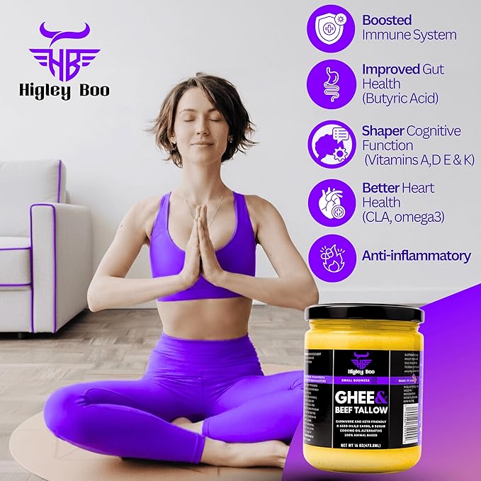 Higley Boo Premium Ghee & Beef Tallow for Cooking – 100% Animal-Based Cooking Oil | Keto, Carnivore & Paleo Friendly | Seed Oil Free | Zero Carbs, Zero Sugar | Gluten-Free, Lactose-Free | 16oz Jar