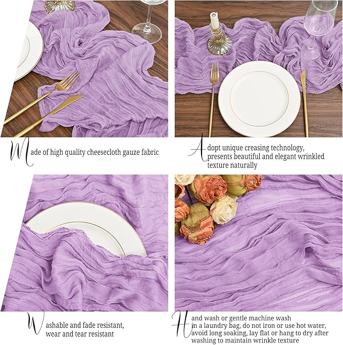 24 Pack Lavender Table Runner 10Ft Cheesecloth Table Runner Rustic Gauze Table Runners Romantic Long Sheer Fabric Cheese Cloth Table Runners for Wedding Party Bridal Baby Shower