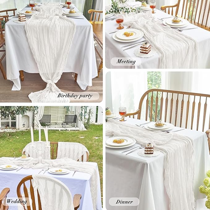 IVAPUPU 4 Pcs Cheesecloth Table Runner - 10ft Ivory White Boho Gauze Cheese Cloth Table Runners for Baby Shower Decoration Wedding Party Summer Garden Farmhouse