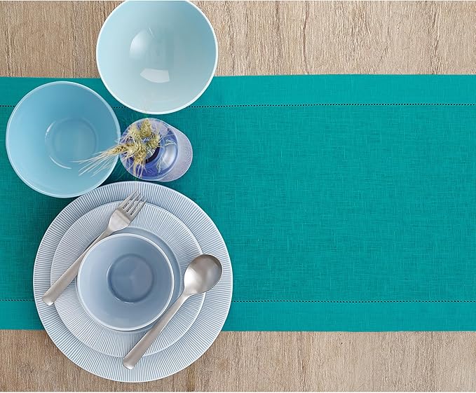 Solino Home Linen Hemstitch Table Runner 48 Inches - 100% Pure Linen Teal Table Runner 14 x 48 Inch Ideal for Dresser and Coffee Tables - Christmas, New Year - Classic Hemstitch