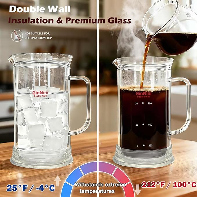34-Ounce French Press Coffee Maker, Double Wall Borosilicate Glass Carafe with Removable Stainless Steel Filter and Shaft with Enlarged Bamboo Knob and Lid,Heat-Resistant for Coffee and Tea