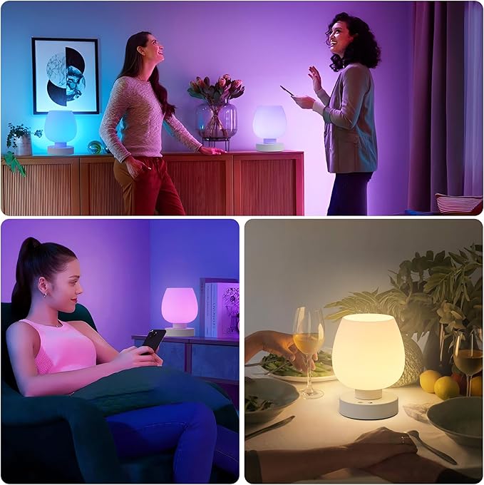 Small Table Lamp Cordless Nightstand Lamp - Rechargeable Modern Bedside Lamp with White Glass Shade, Stepless Dimmable & 8 RGB Colors & Memory, Battery Touch Lamp for Nursery Bedroom Nightstand